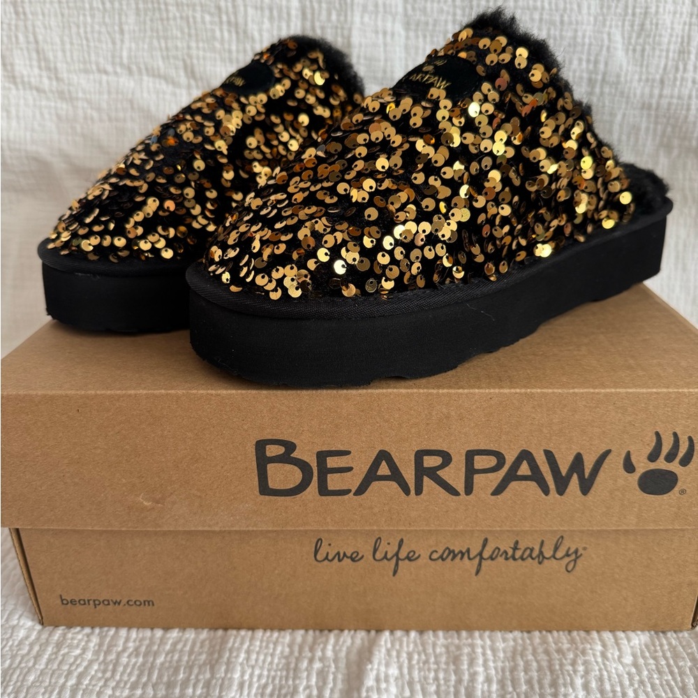 BearPaw Black Slipper Mules with Gold Sequins